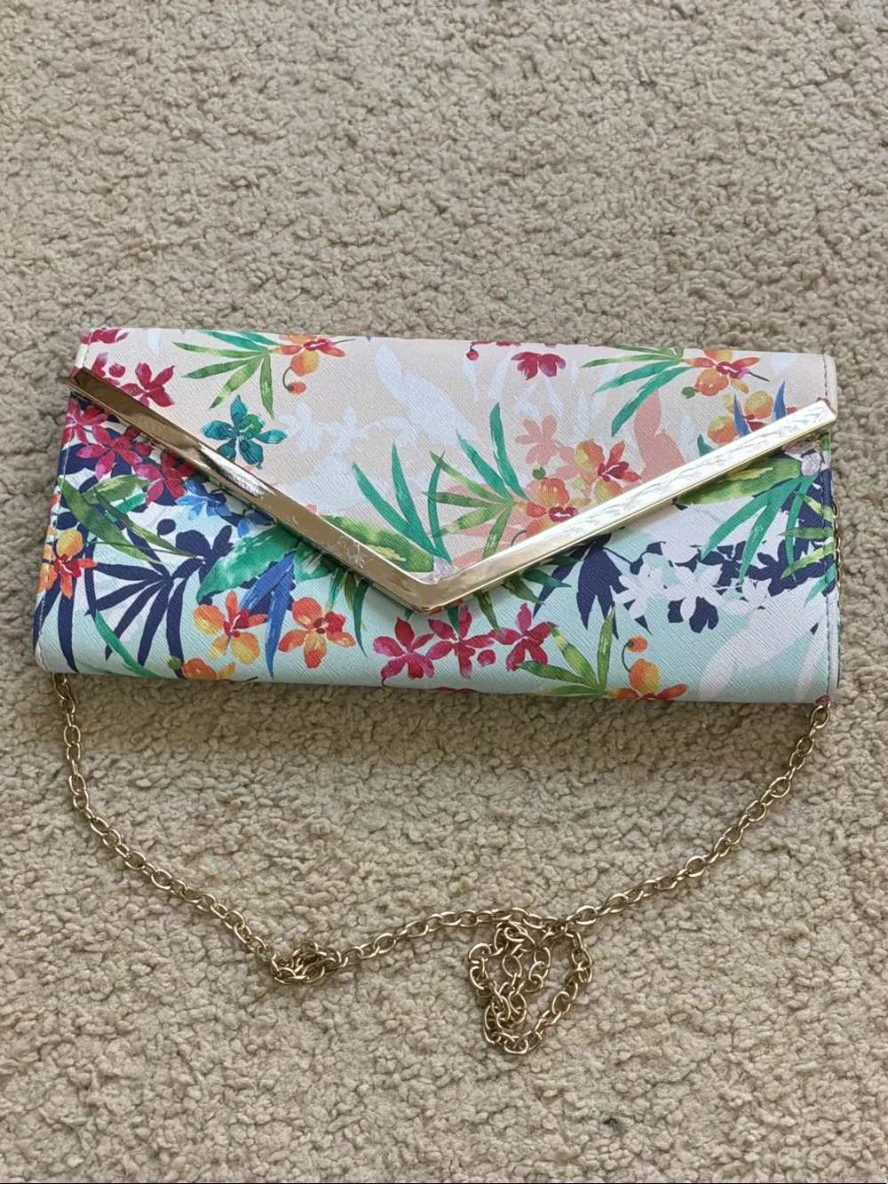 ALDO Mint Floral Convertible Clutch with Gold Chain